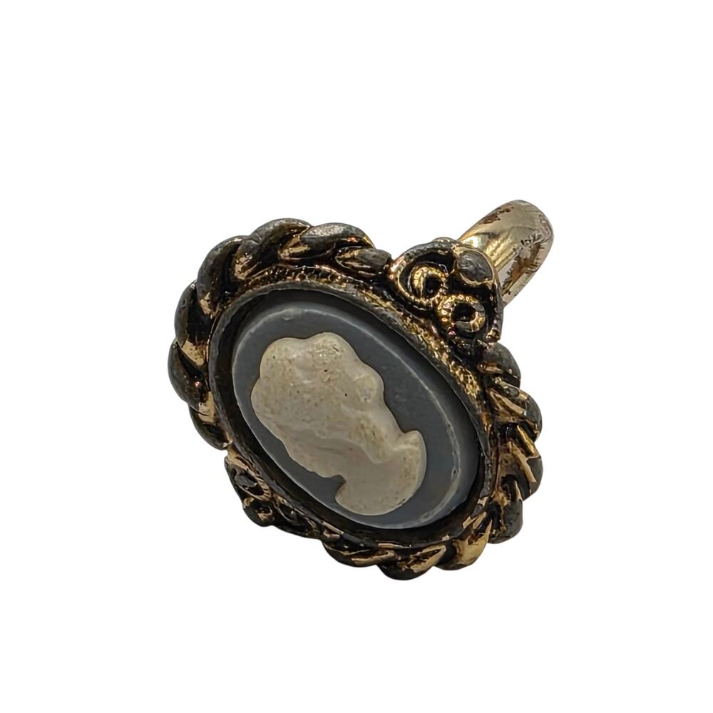 Vintage Cameo Ring Silver Tone Adjustable Black Gray Cameo